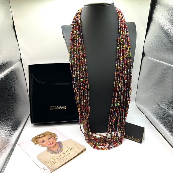 Vintage Joan Rivers Glass Gold Tone Jewel Tone 12 Multistrand Beaded Necklace